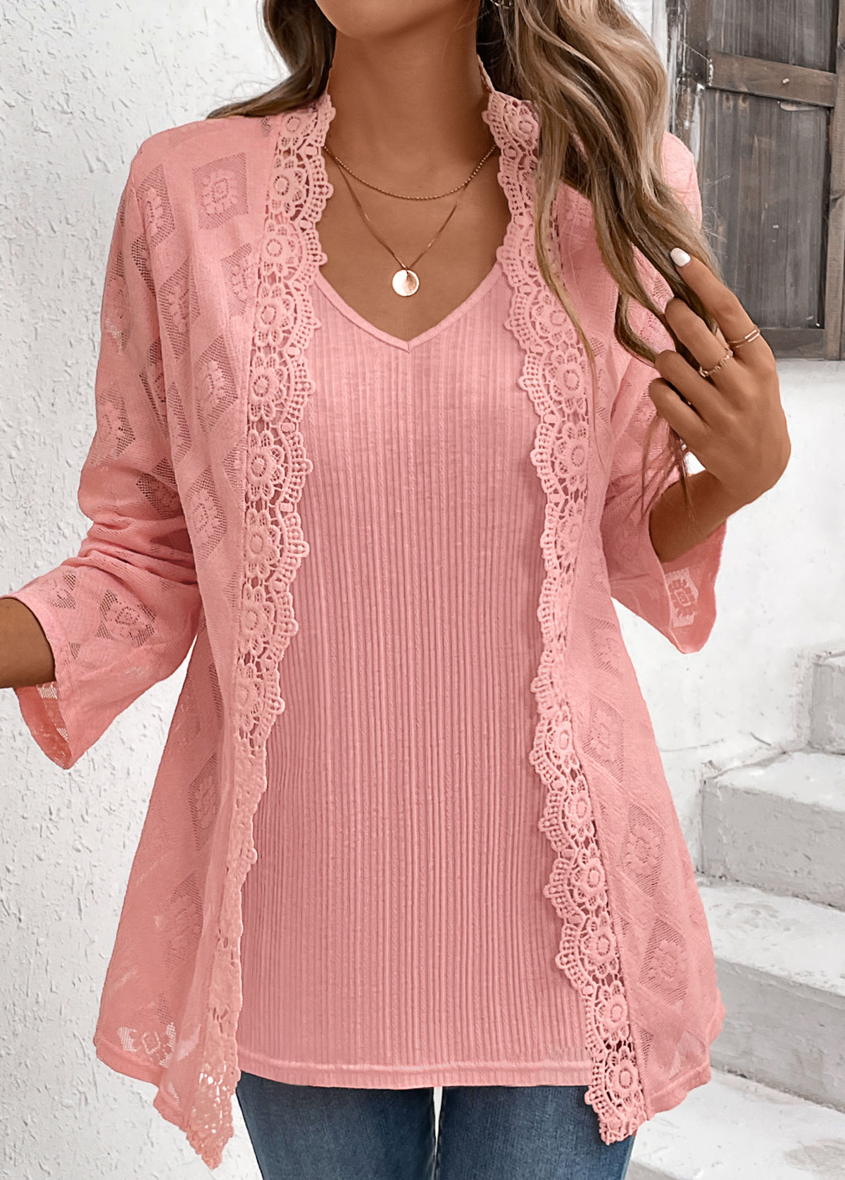 ROTITA Fake 2in1 Dusty Pink V Neck Blouse