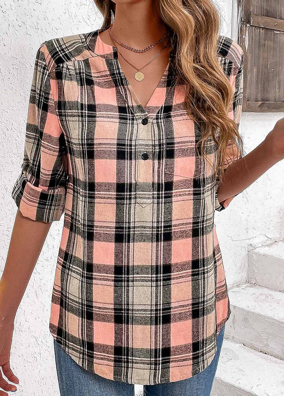 ROTITA Ruched Plaid Pink Split Neck Long Sleeve Blouse