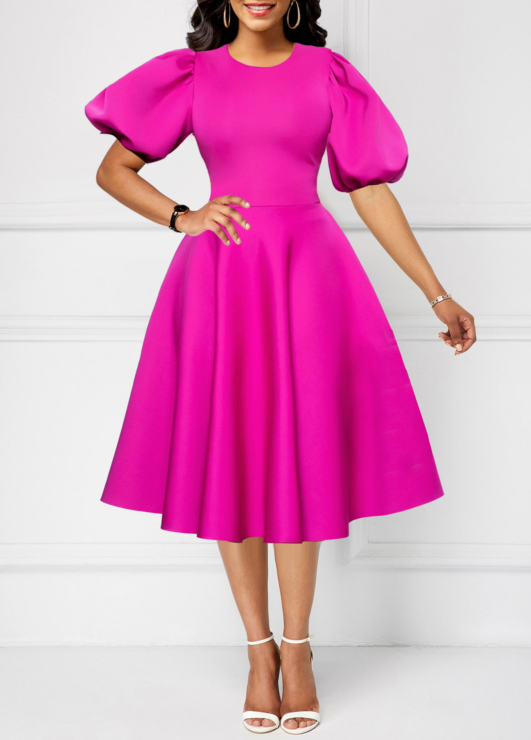 ROTITA Umbrella Hem Hot Pink Round Neck Dress USD 37.98
