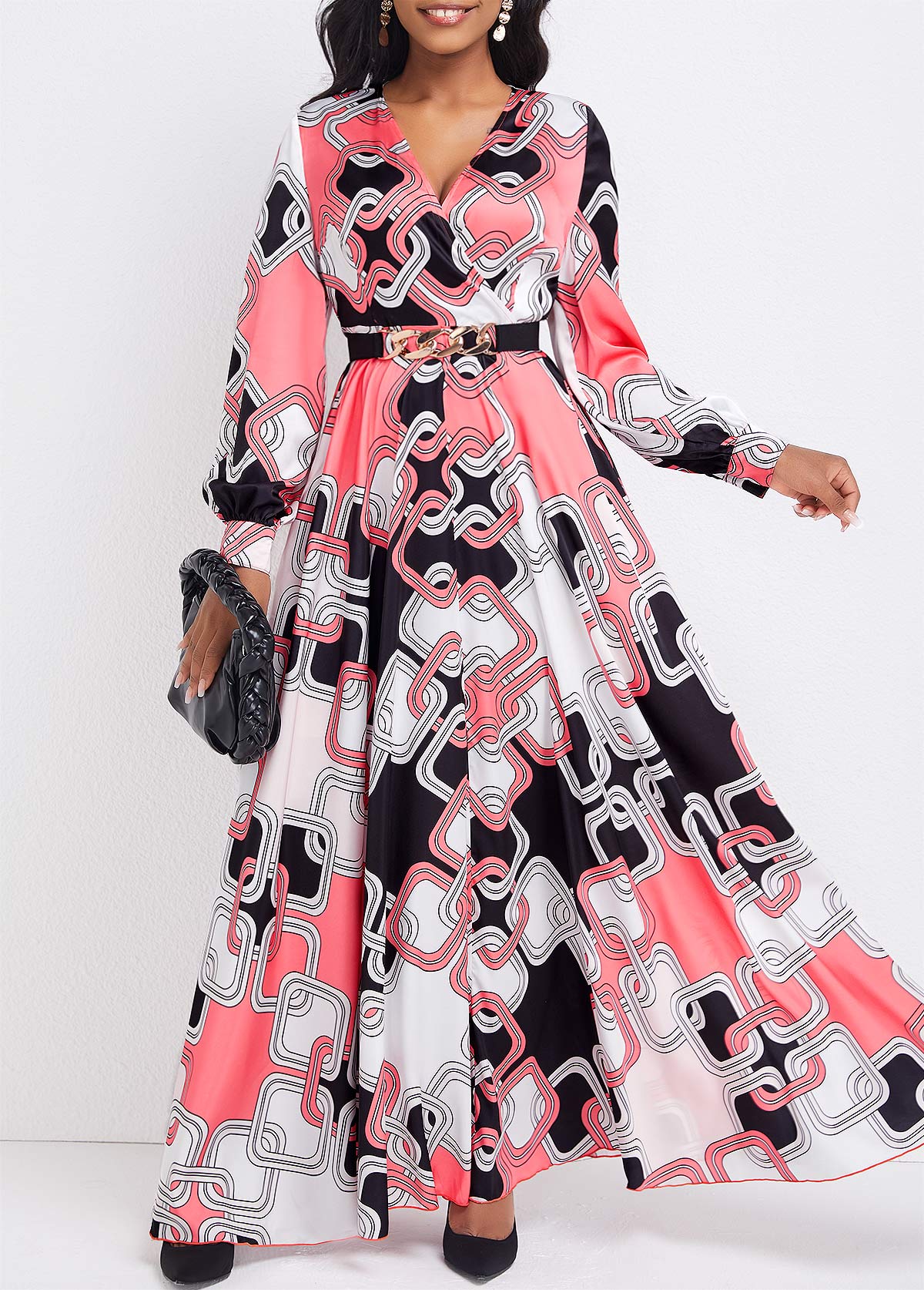 ROTITA Umbrella Hem Geometric Print Pink Maxi Dress