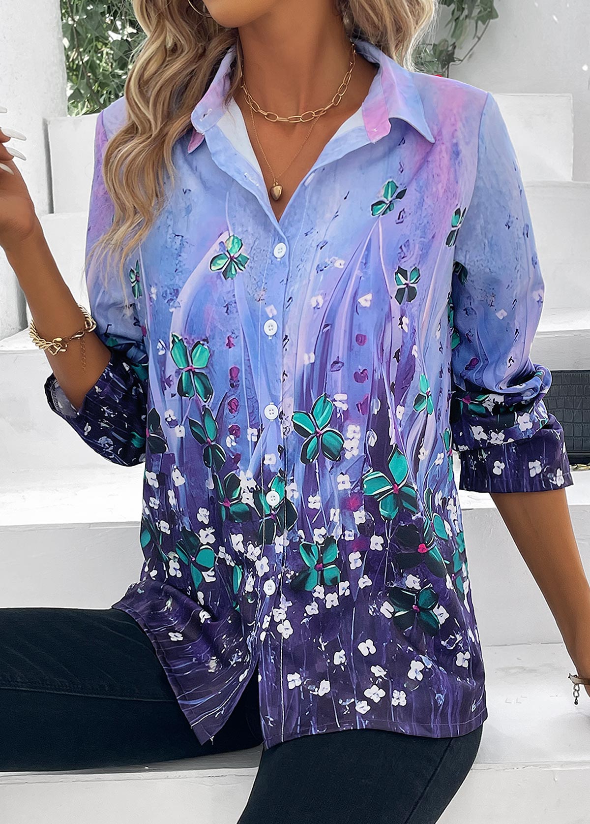 Button Floral Print Purple Shirt Collar Blouse