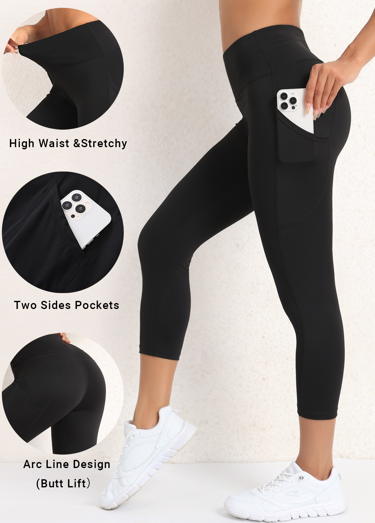 Schwarze Yoga-Leggings mit schmaler Tasche und elastischem Bund