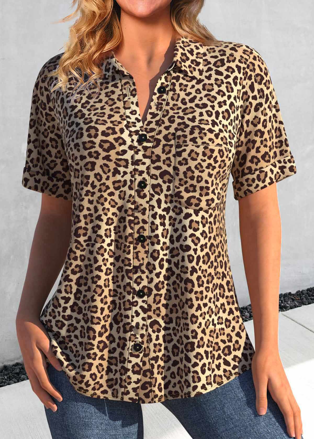 ROTITA Button Leopard Dark Camel Shirt Collar Blouse