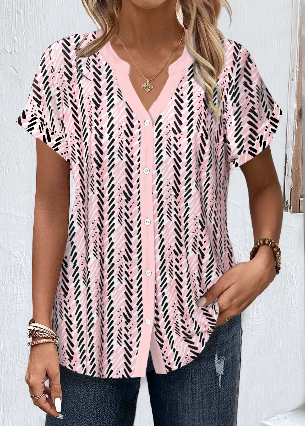 Light Pink tops,Black tops,Geometric tops,Striped tops,ROTITA Button Geometric Print Light Pink Split Neck Blouse