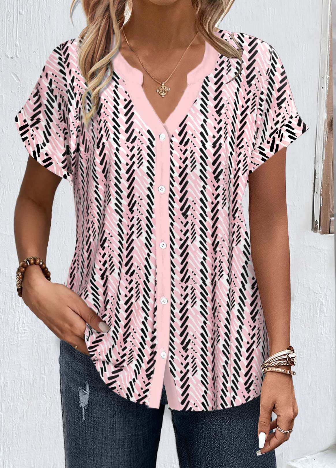 Light Pink tops,Black tops,Geometric tops,Striped tops,ROTITA Button Geometric Print Light Pink Split Neck Blouse