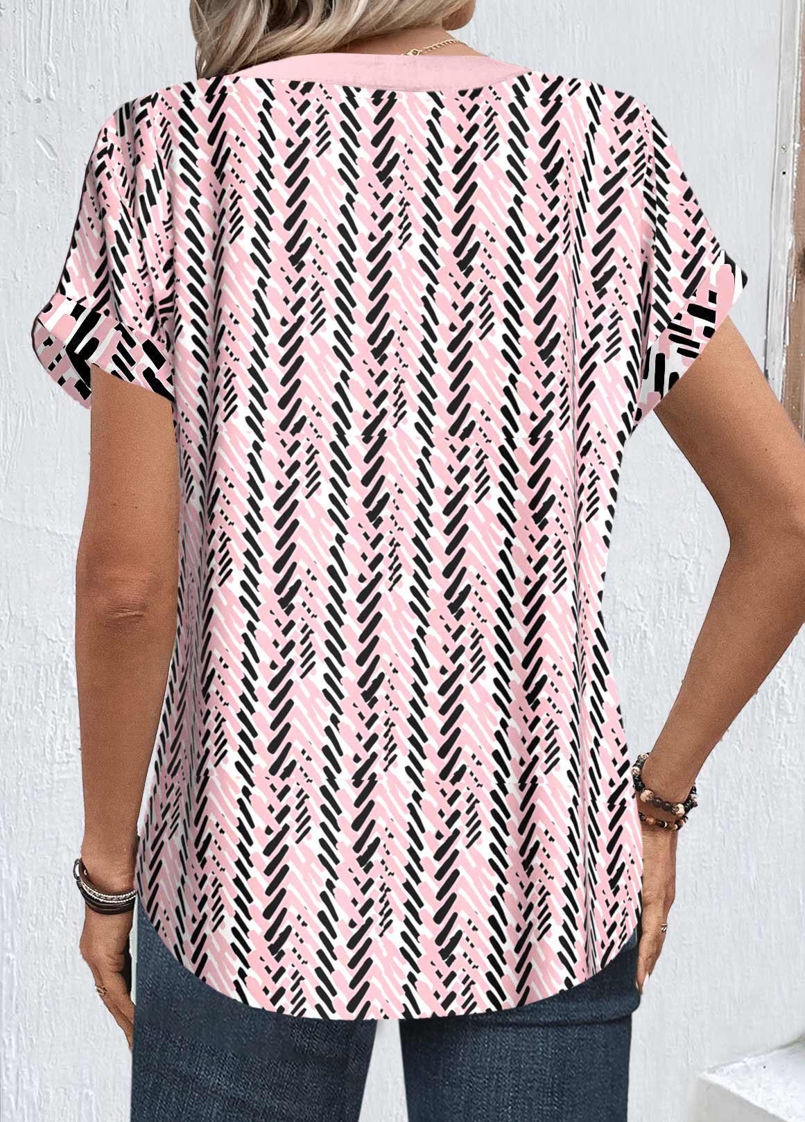 Light Pink tops,Black tops,Geometric tops,Striped tops,ROTITA Button Geometric Print Light Pink Split Neck Blouse