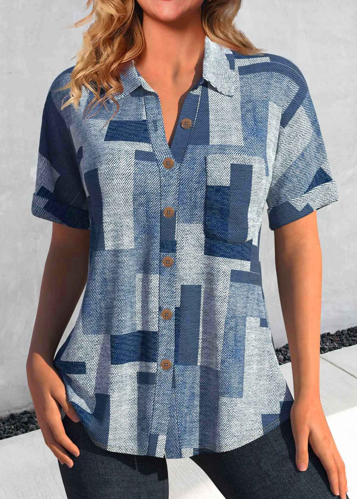 ROTITA Button Geometric Print Denim Blue Shirt Collar Blouse