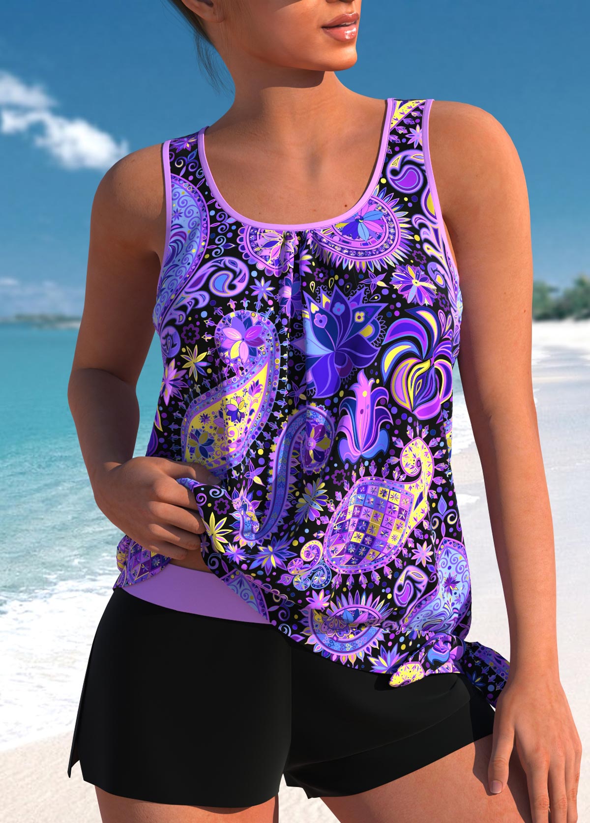 ROTITA Bowknot Purple Paisley Print Mid Waisted Tankini Set