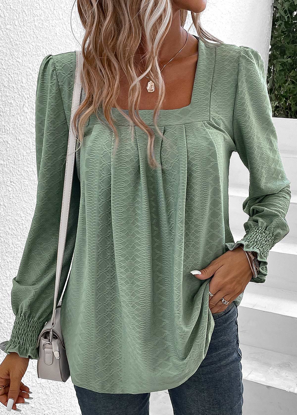 Smocked Green Square Neck Long Sleeve T Shirt