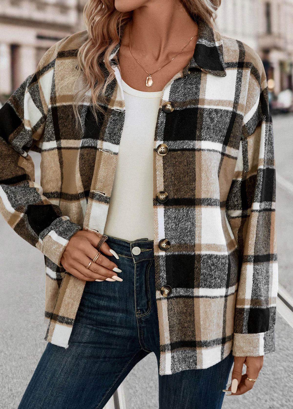 Patchwork Plaid Light Coffee Turn Down Collar Blouse