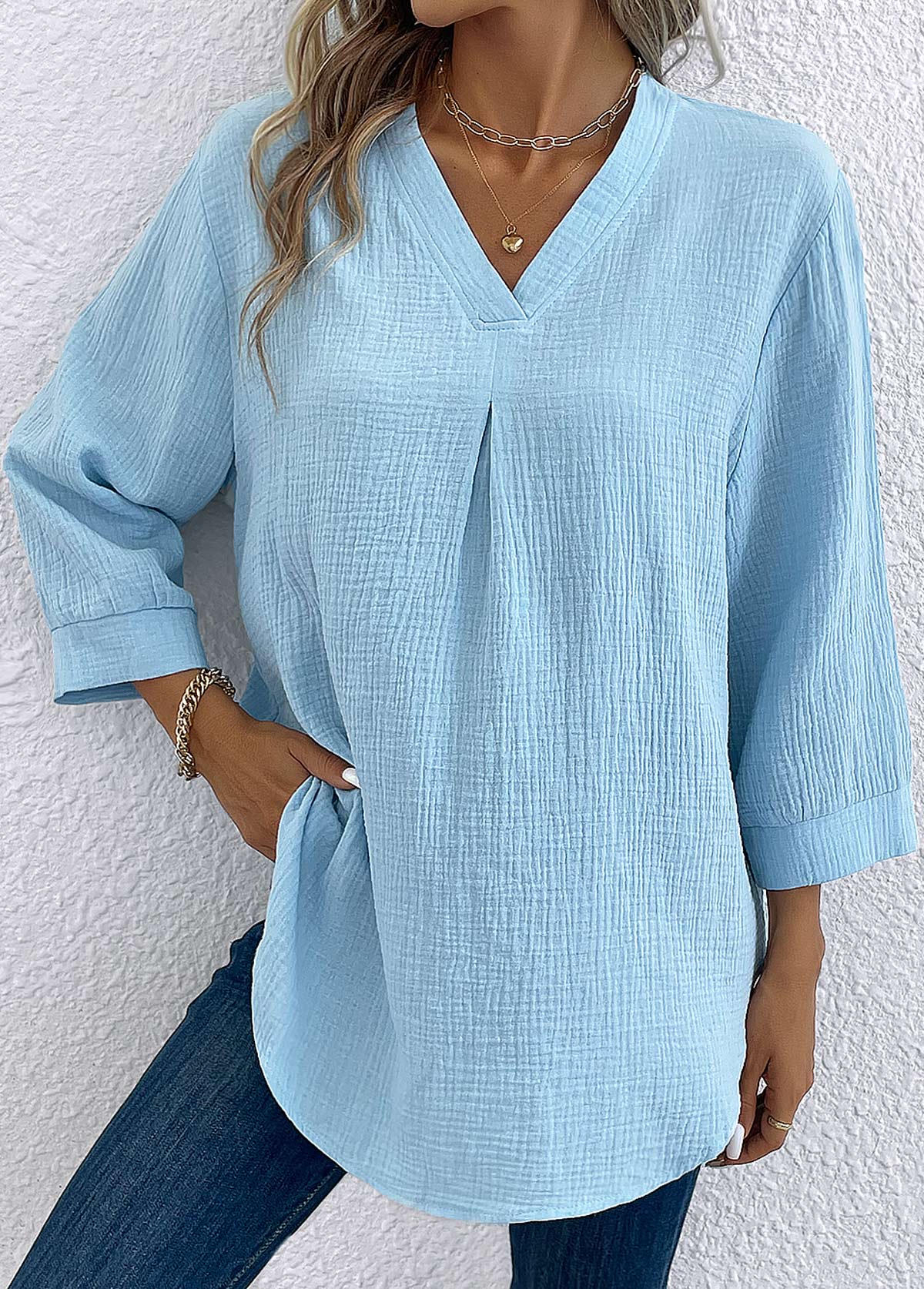 Button Light Blue V Neck Blouse