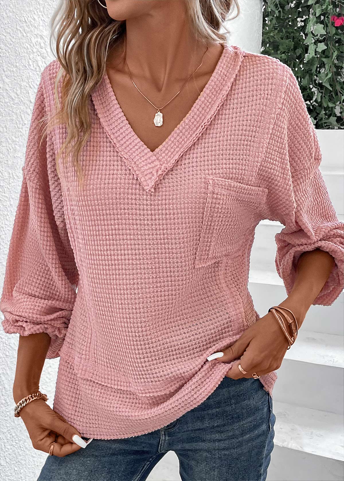Patchwork Pink V Neck Long Sleeve T Shirt