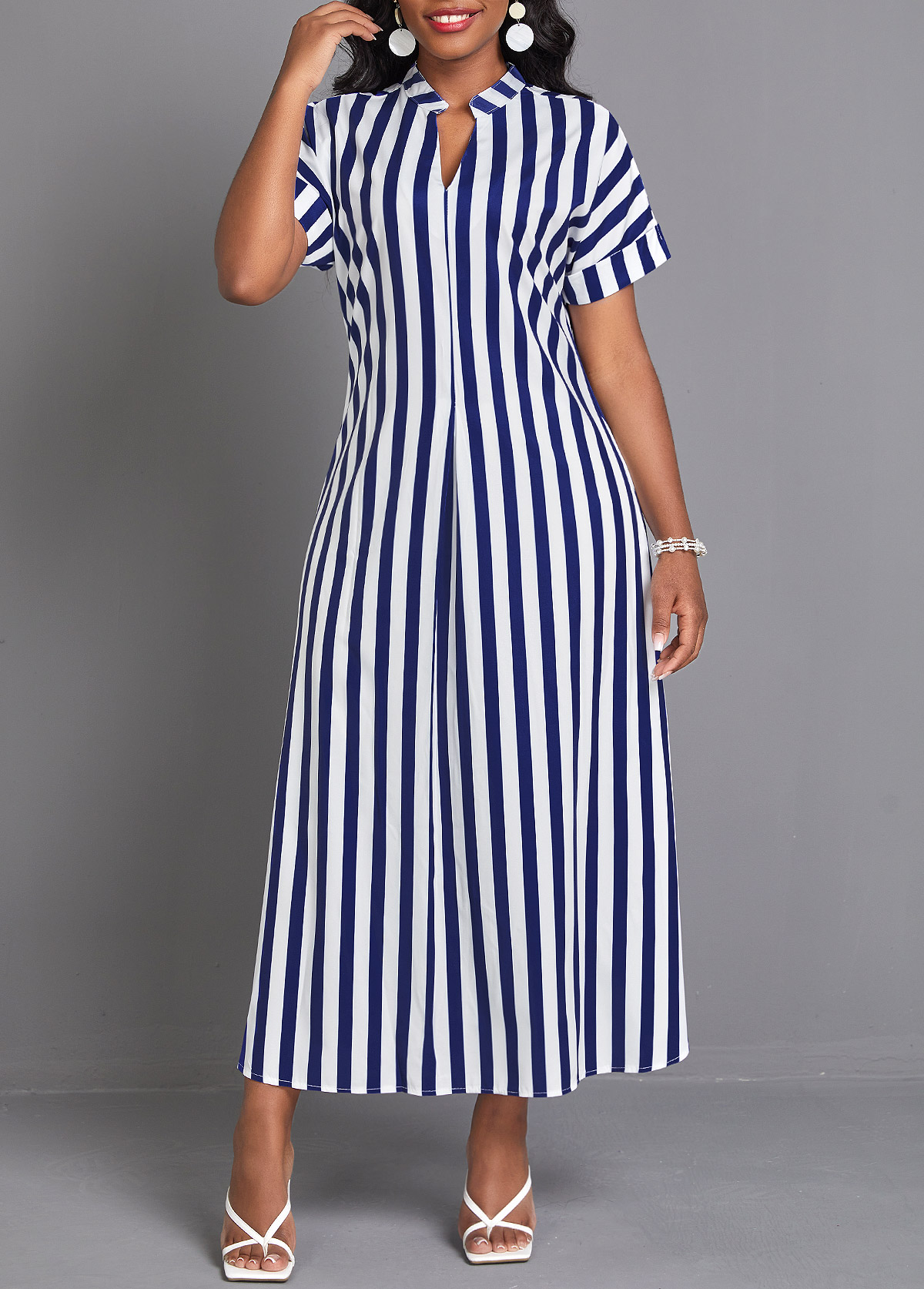 Split Striped Navy Maxi Shift Dress