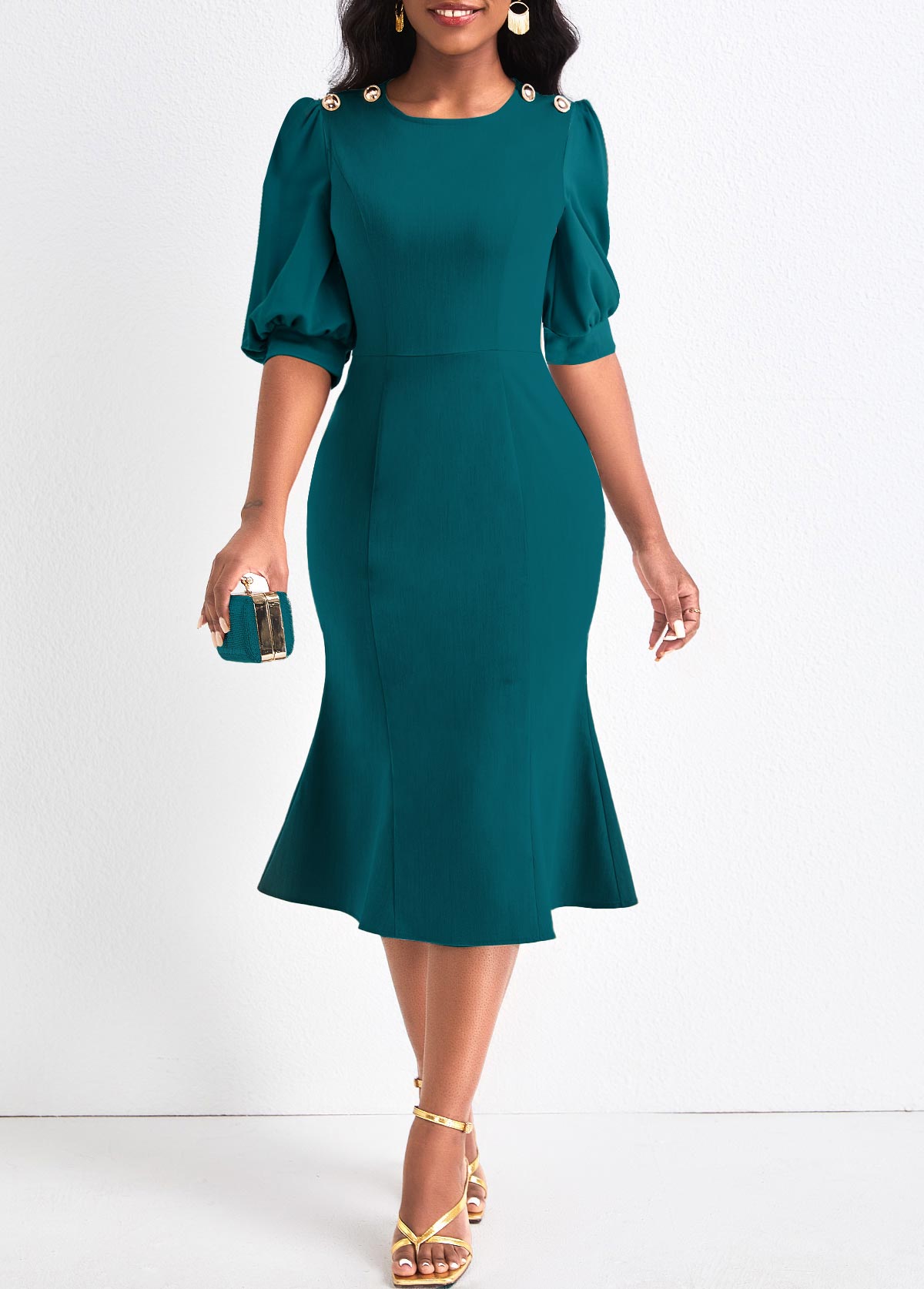 ROTITA Button Peacock Blue Round Neck Bodycon Dress