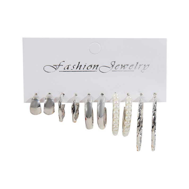 Round Alloy Detail Silver Earring Set