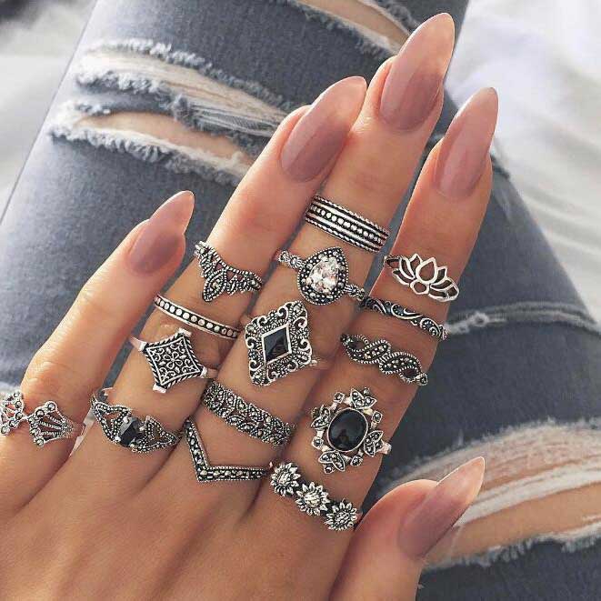 Alloy Geometric Sunflower Detail Silver Ring Set