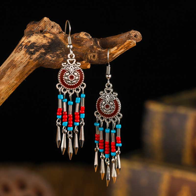 Round Geometric Tassel Design Red Earrings