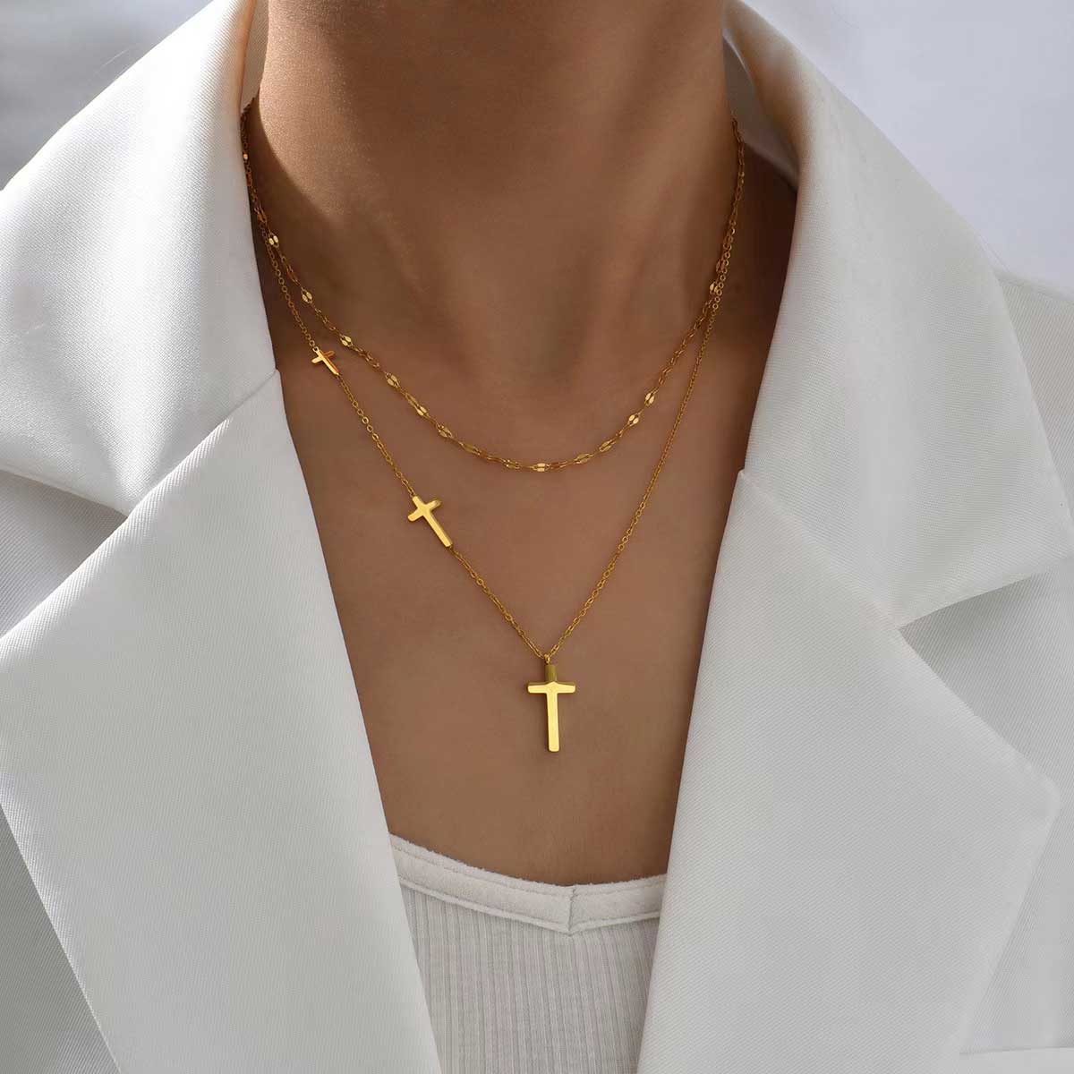 Layered Cross Design Golden Alloy Necklace