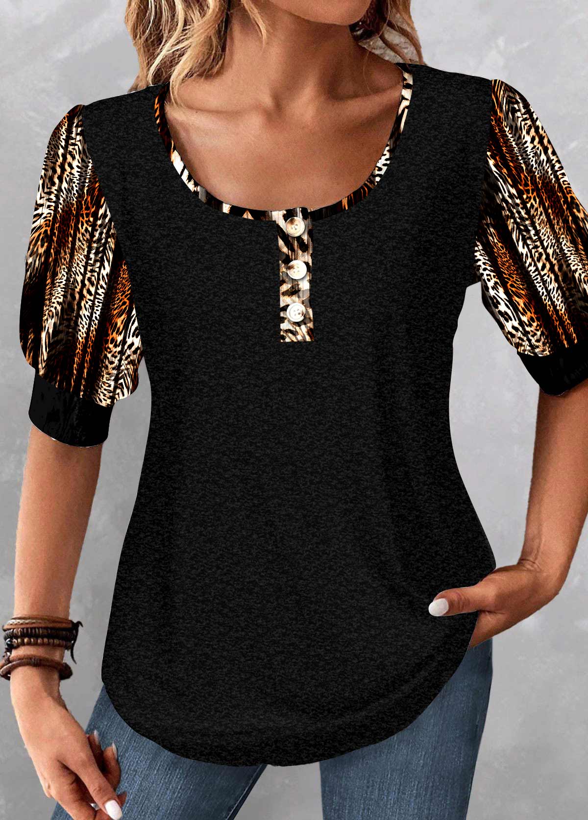 ROTITA Patchwork Leopard Black Scoop Neck Half Sleeve Blouse