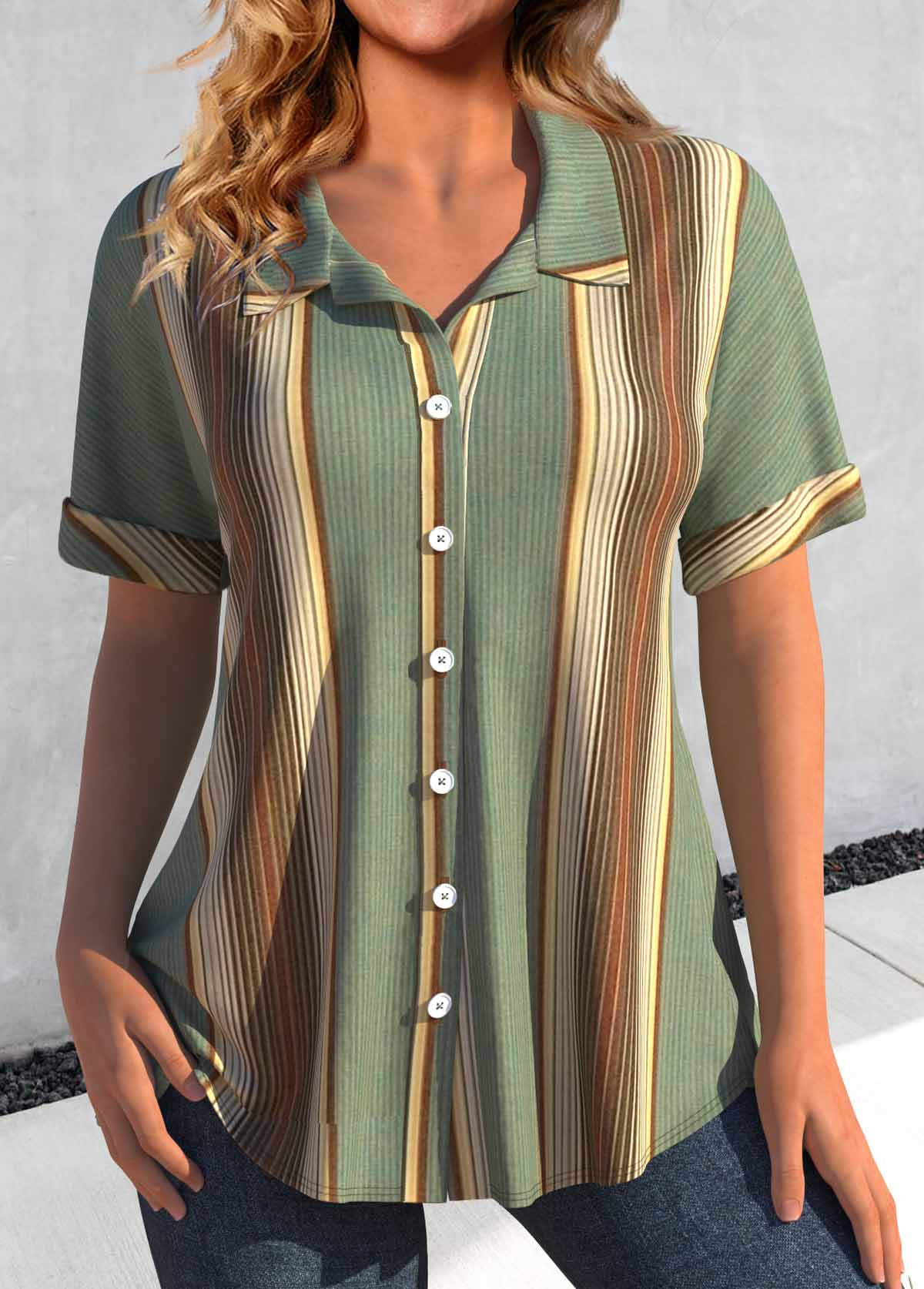 ROTITA Button Striped Green Shirt Collar Short Sleeve Blouse