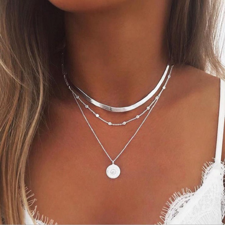 Round Layered Design Alloy Silver Necklace