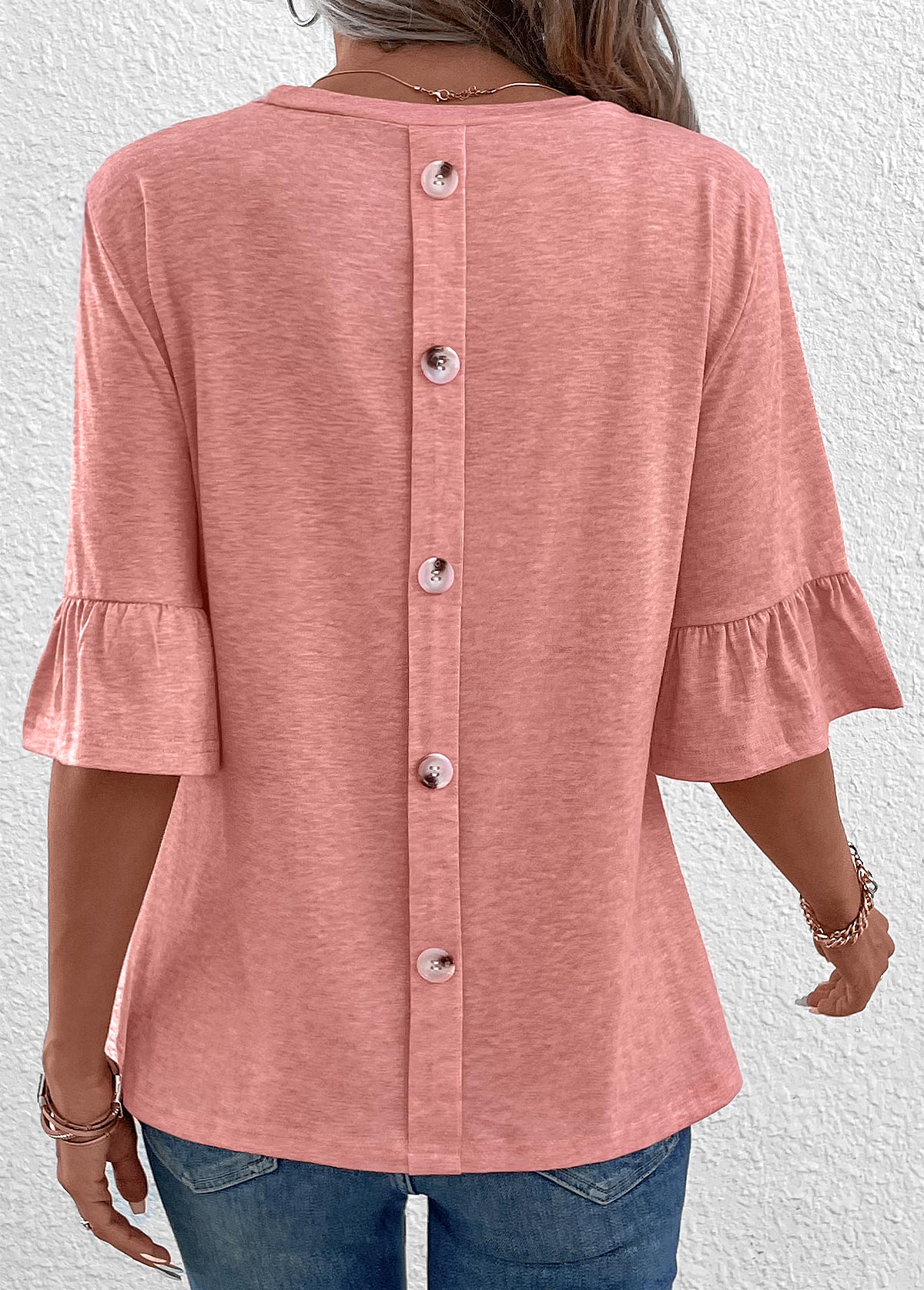 Button Pink Round Neck T Shirt
