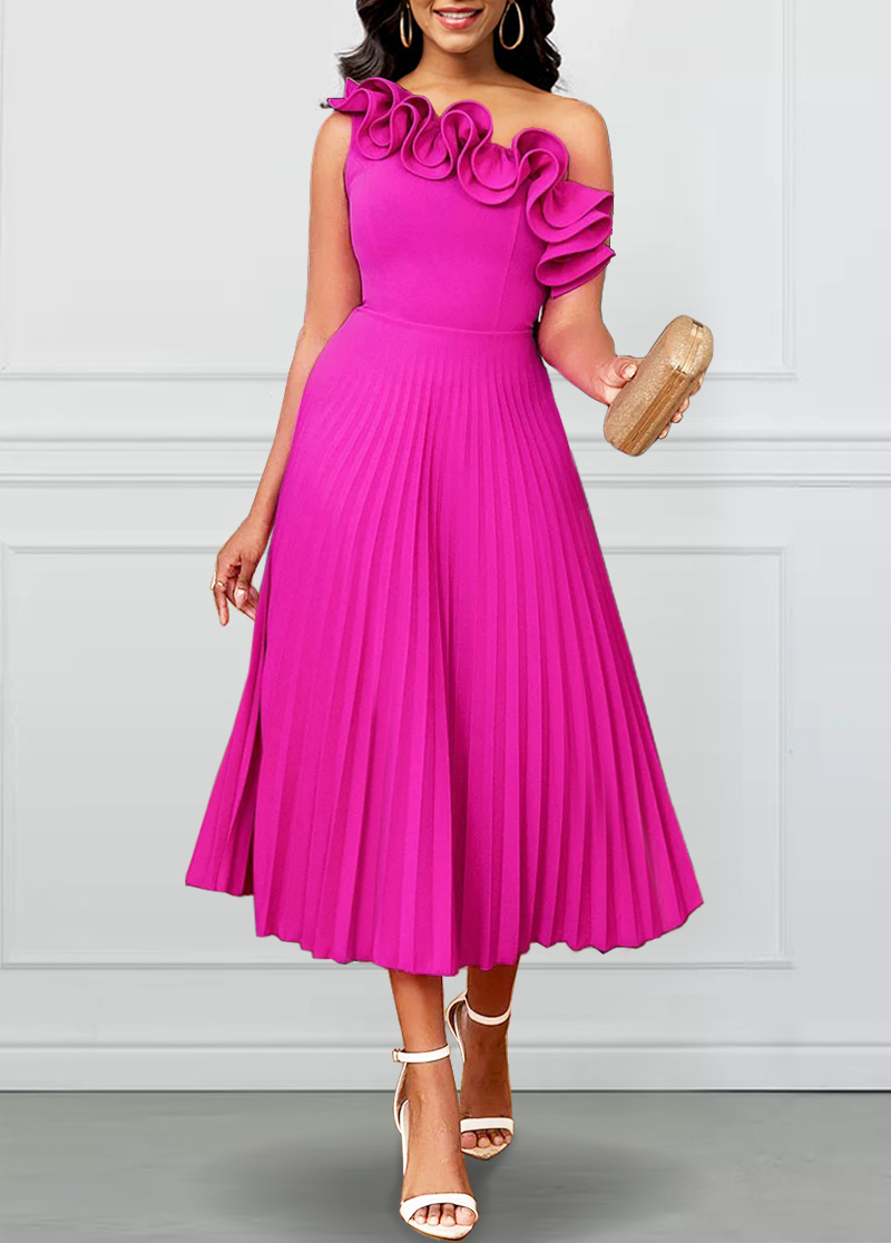 ROTITA Pleated Hot Pink One Shoulder Sleeveless Dress