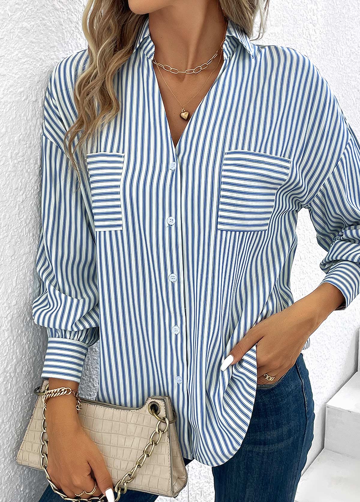 Pocket Striped Blue Shirt Collar Long Sleeve Blouse