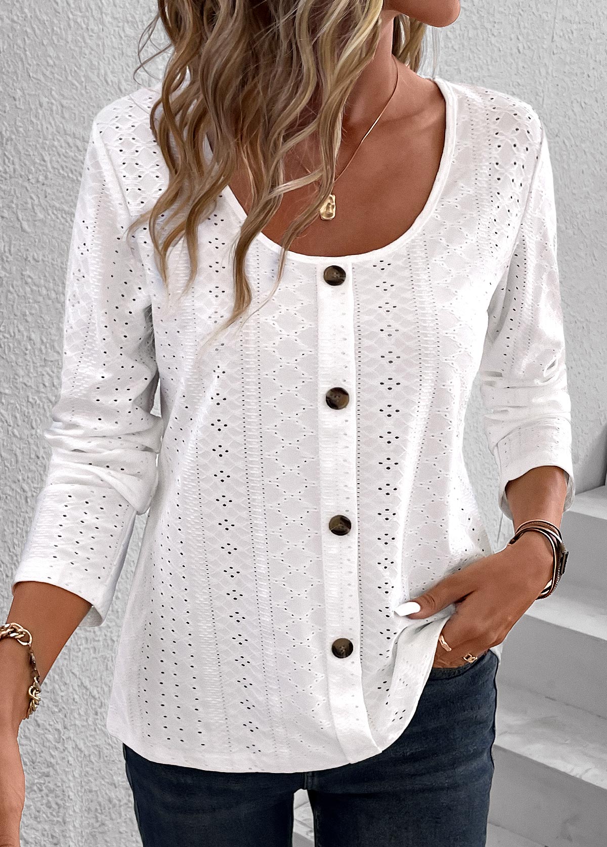 Button White Hollow Scoop Neck Long Sleeve T Shirt
