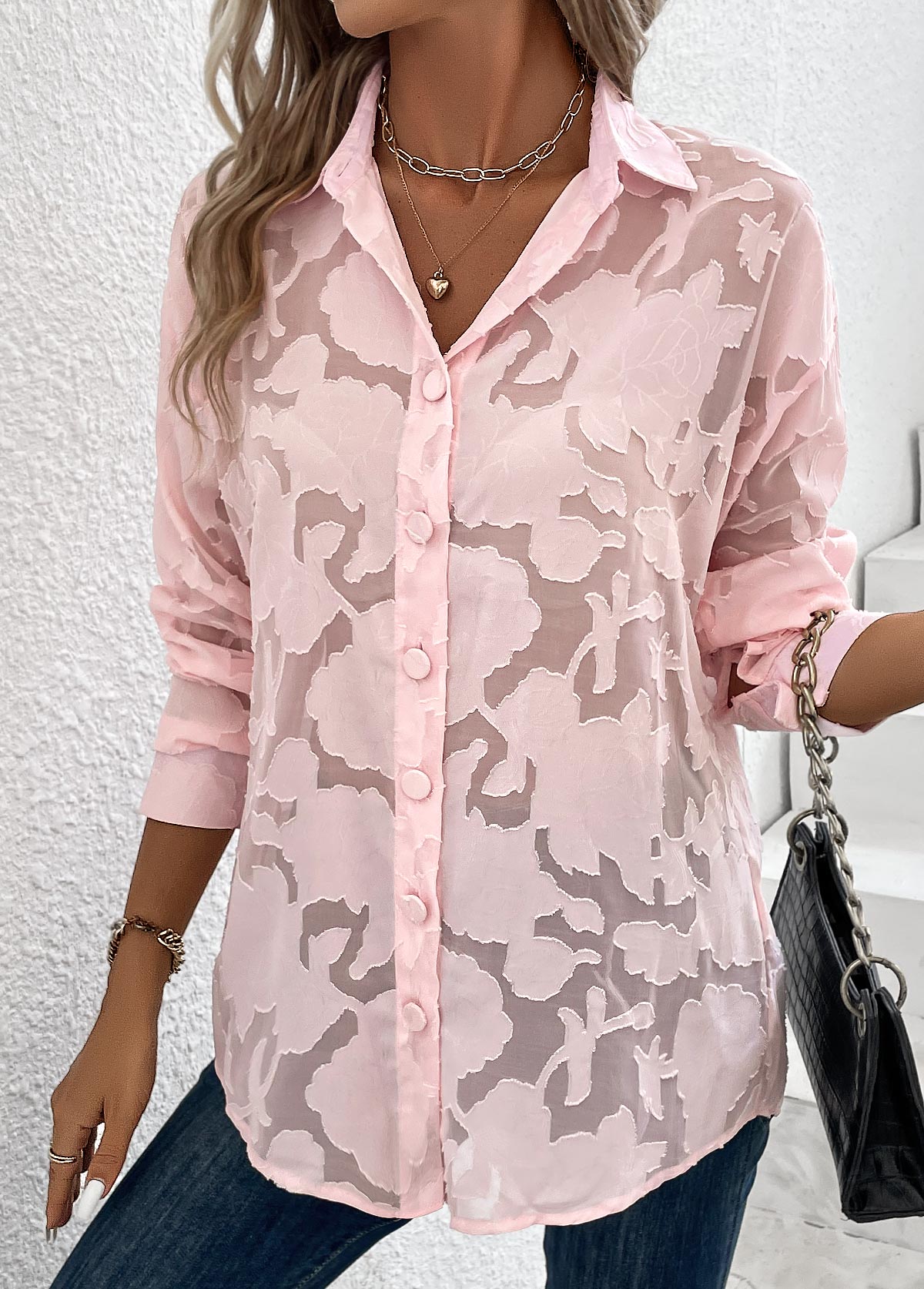 Button Light Pink Shirt Collar Long Sleeve Blouse
