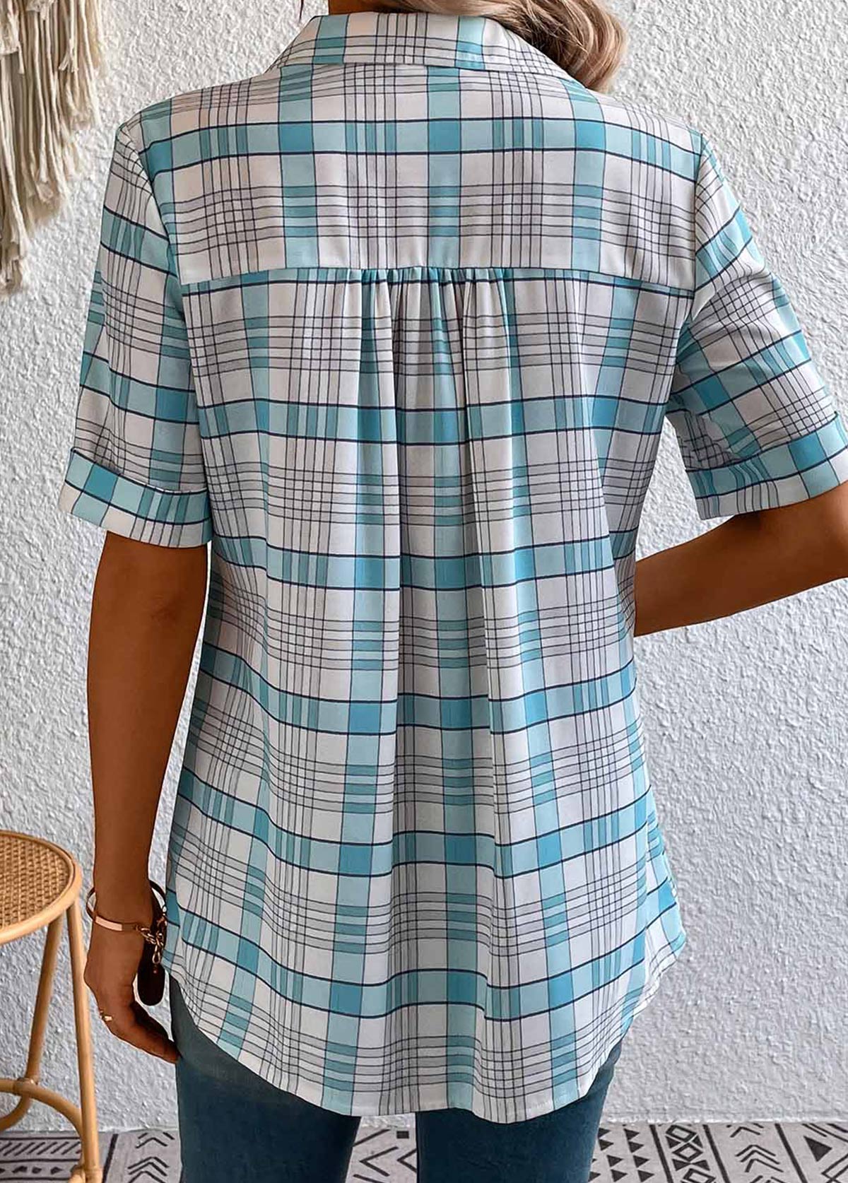 Light Blue plus size,White plus size,Plaid plus size,Geometric plus size,Striped plus size,ROTITA Plus Size Button Light Blue Plaid Blouse