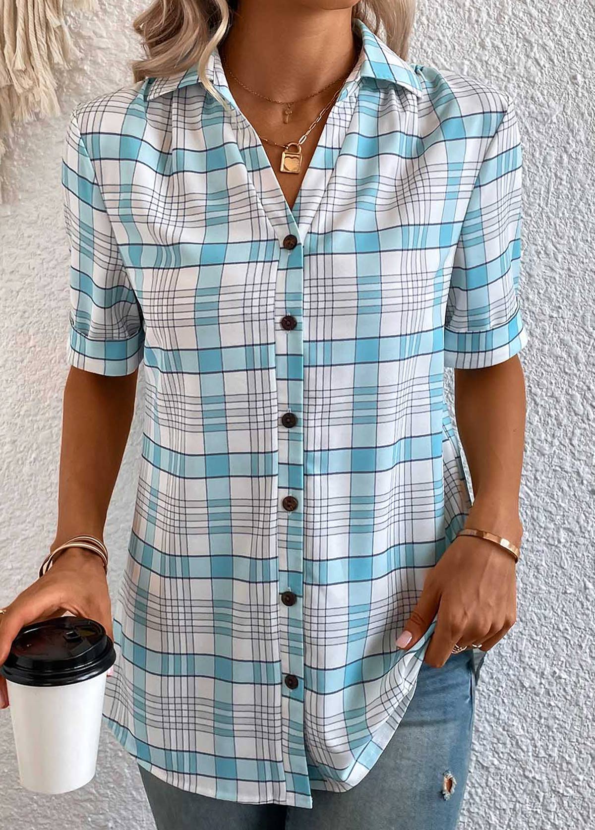Light Blue plus size,White plus size,Plaid plus size,Geometric plus size,Striped plus size,ROTITA Plus Size Button Light Blue Plaid Blouse