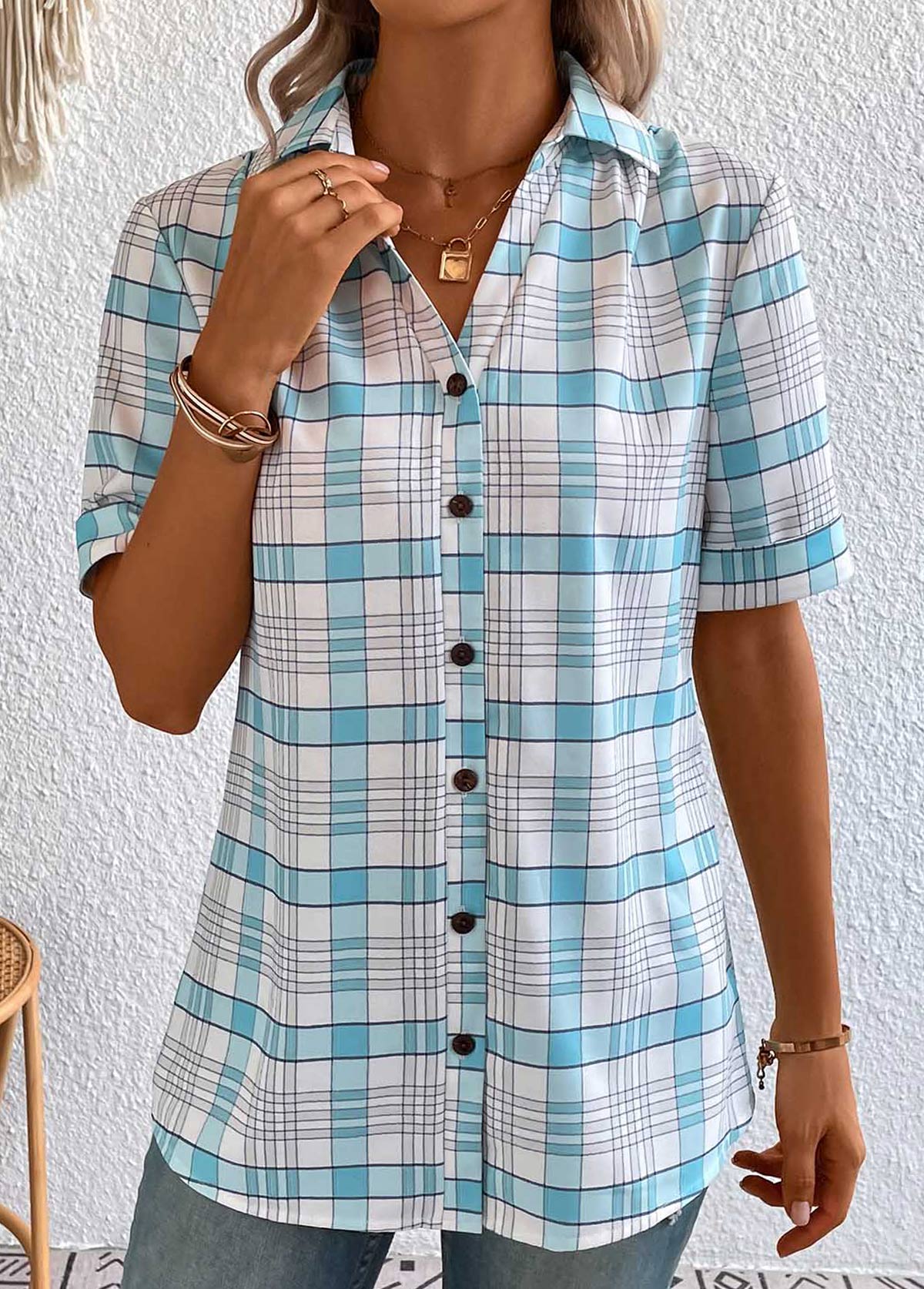 Light Blue plus size,White plus size,Plaid plus size,Geometric plus size,Striped plus size,ROTITA Plus Size Button Light Blue Plaid Blouse