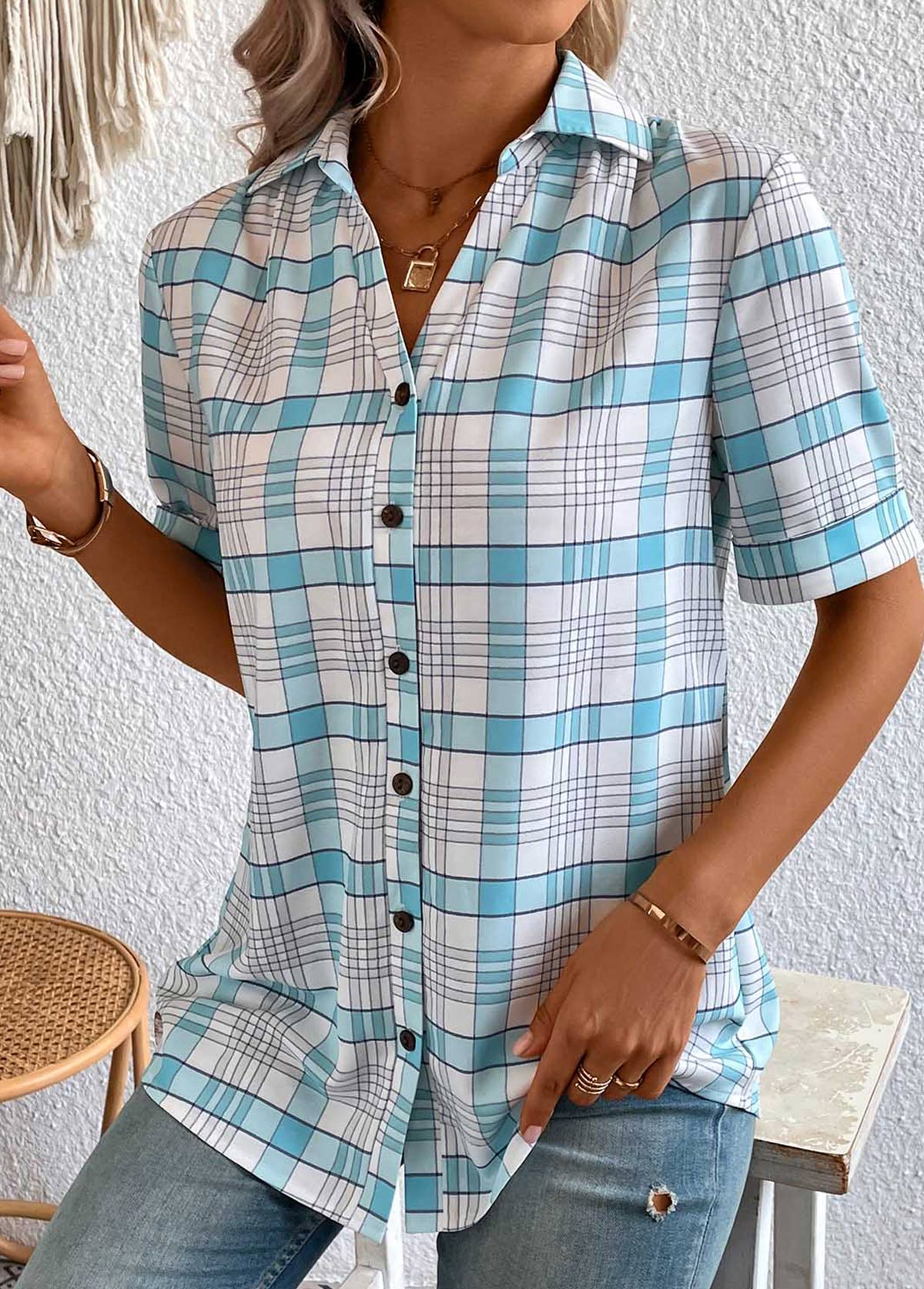 Light Blue plus size,White plus size,Plaid plus size,Geometric plus size,Striped plus size,ROTITA Plus Size Button Light Blue Plaid Blouse