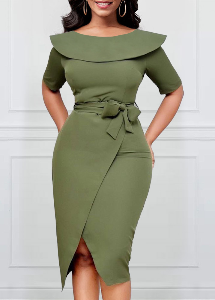 ROTITA Sage Green Sailor Collar Belted Bodycon Dress