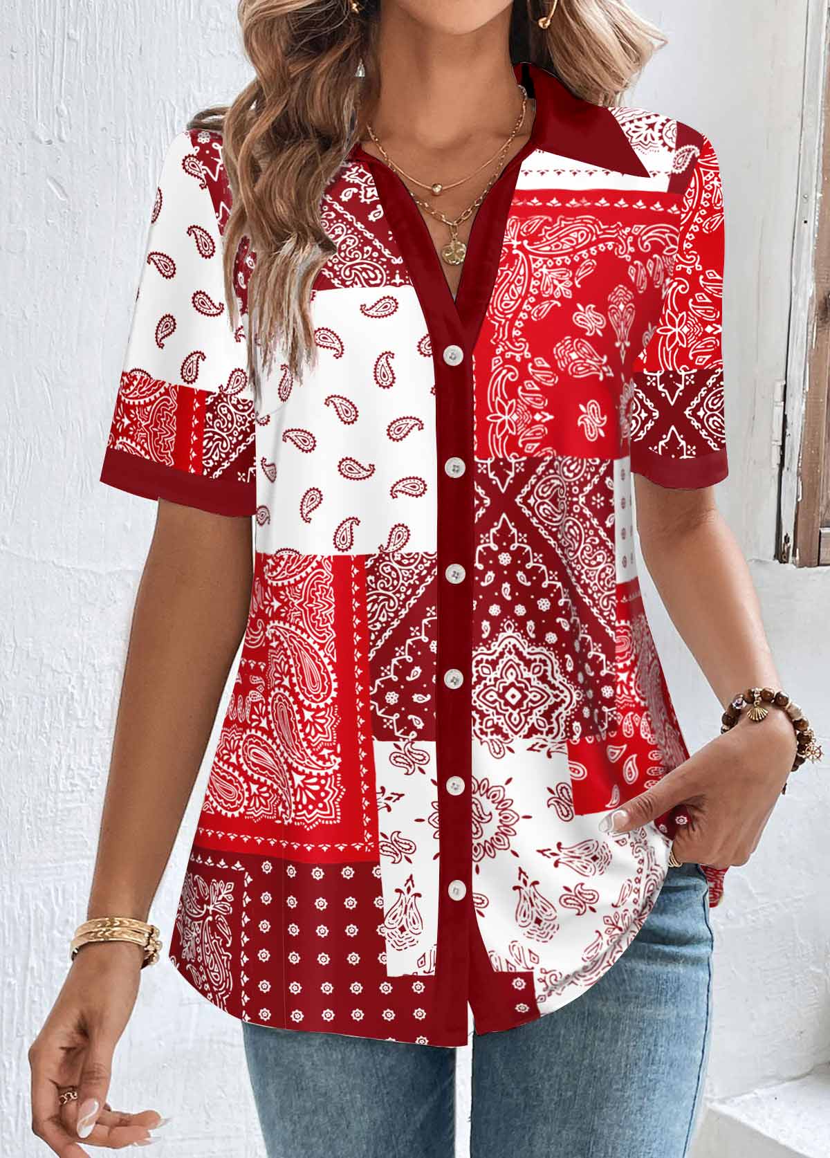 Red tops,Tribal tops,ROTITA Patchwork Red Shirt Collar Short Sleeve Blouse