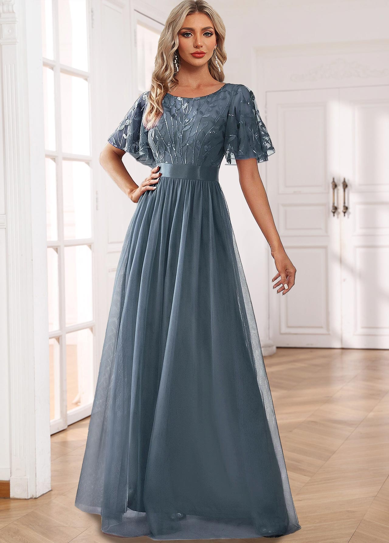 rotita - robe longue bleu poudré légère à col rond