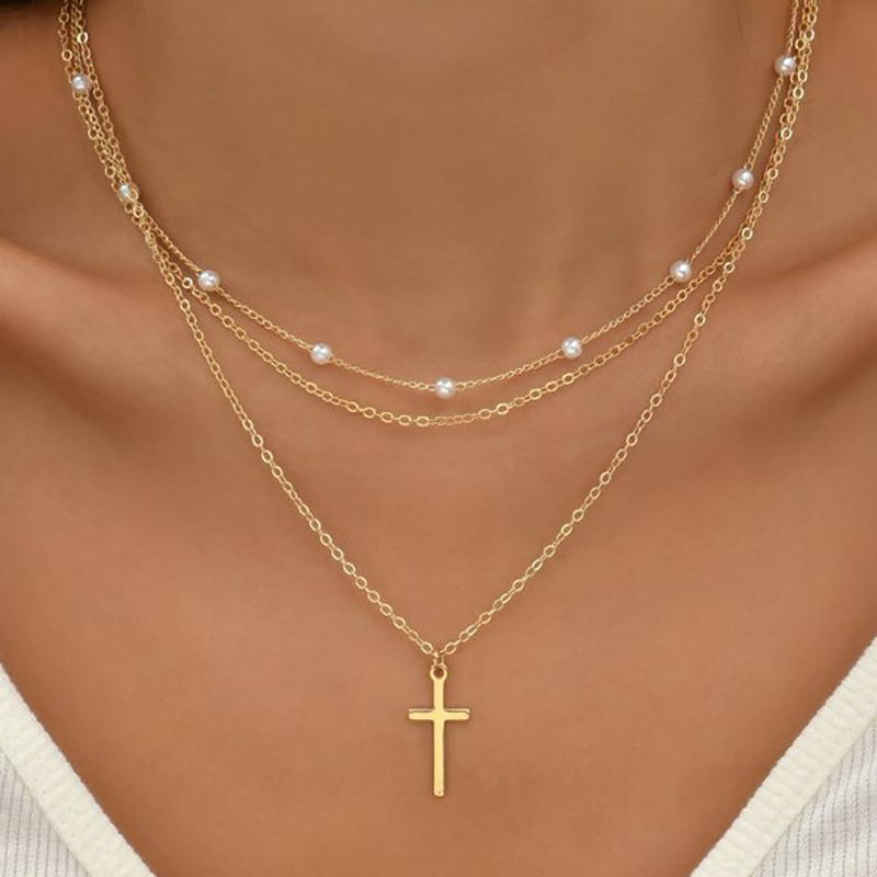 Pearl Detail Cross Gold Alloy Necklace Set