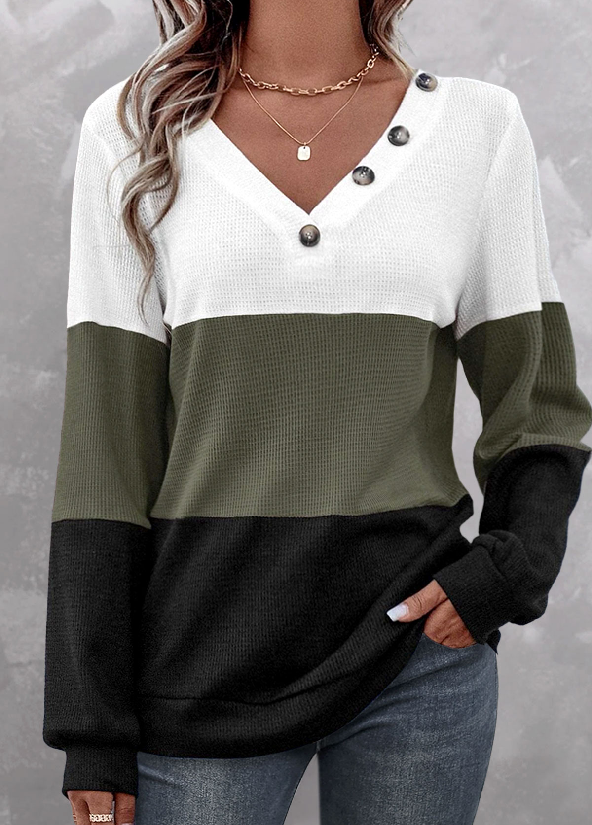 ROTITA Patchwork Olive Green V Neck Long Sleeve Sweatshirt