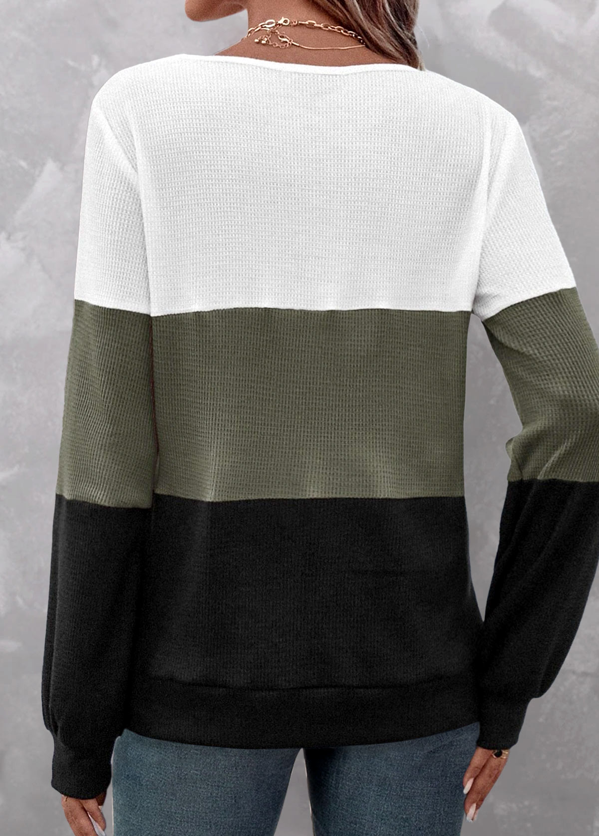 Olive Green tops,Contrast Color tops,ROTITA Patchwork Olive Green V Neck Long Sleeve Sweatshirt