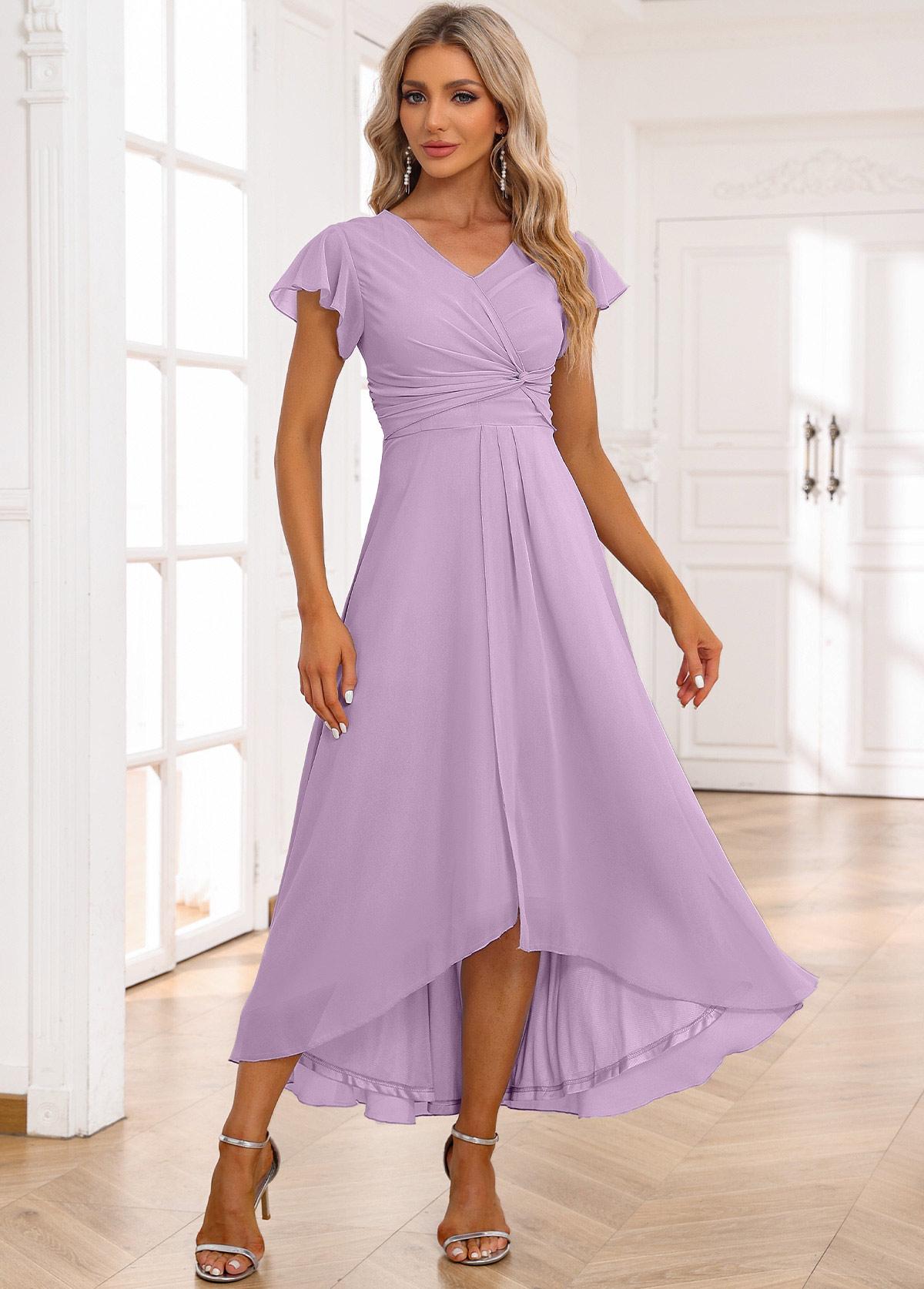 Rotita Twist hellviolettes Kleid mit hohem V-Ausschnitt