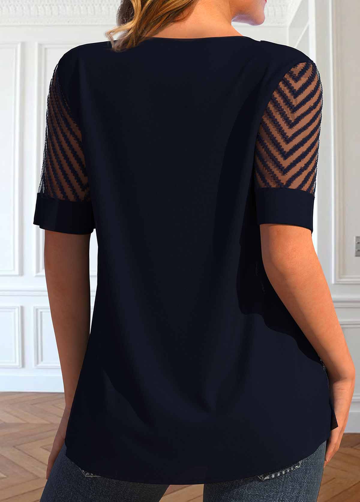 Navy tops,Plain Color tops,ROTITA Fake 2in1 Navy Round Neck Short Sleeve Blouse