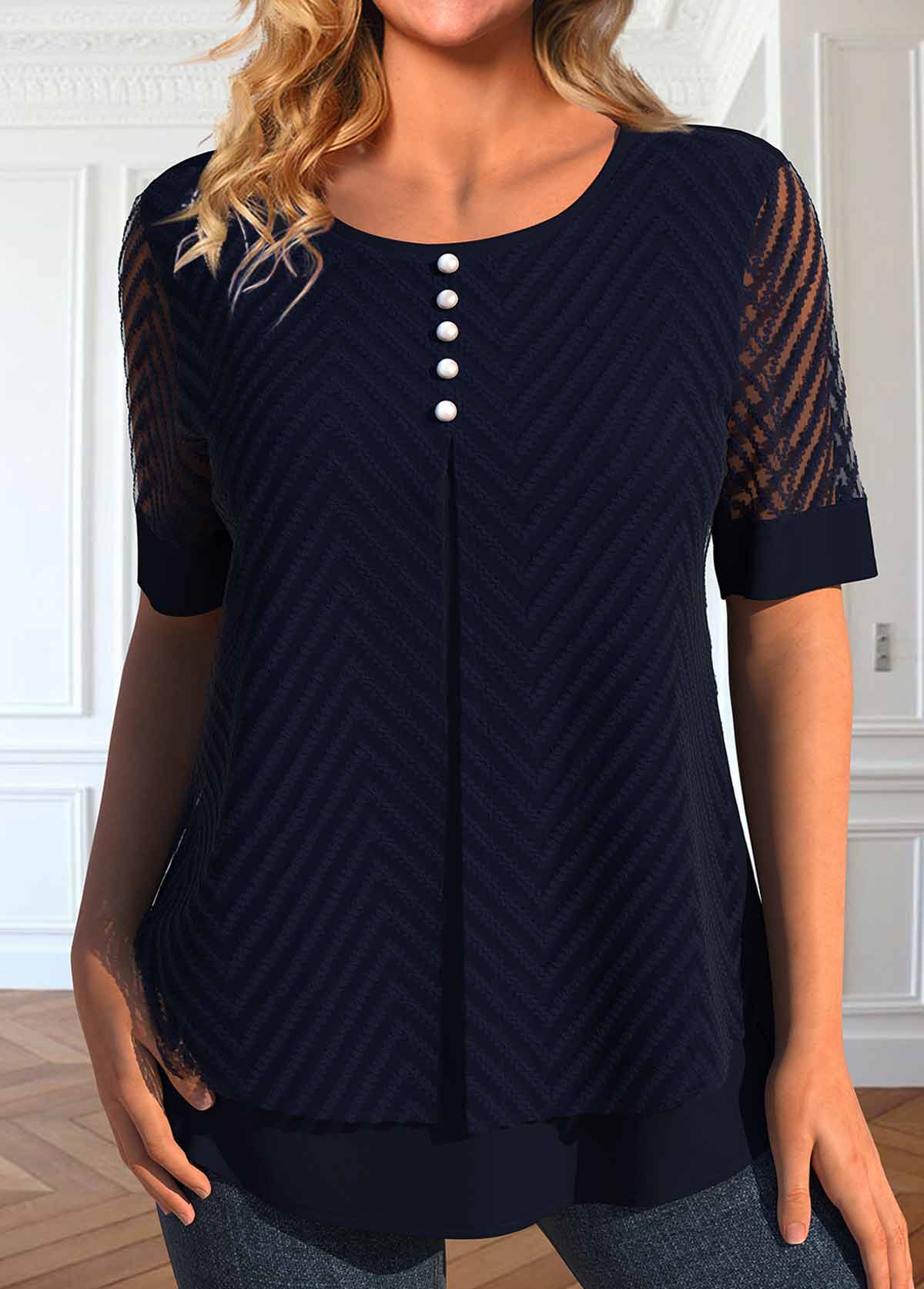Navy tops,Plain Color tops,ROTITA Fake 2in1 Navy Round Neck Short Sleeve Blouse