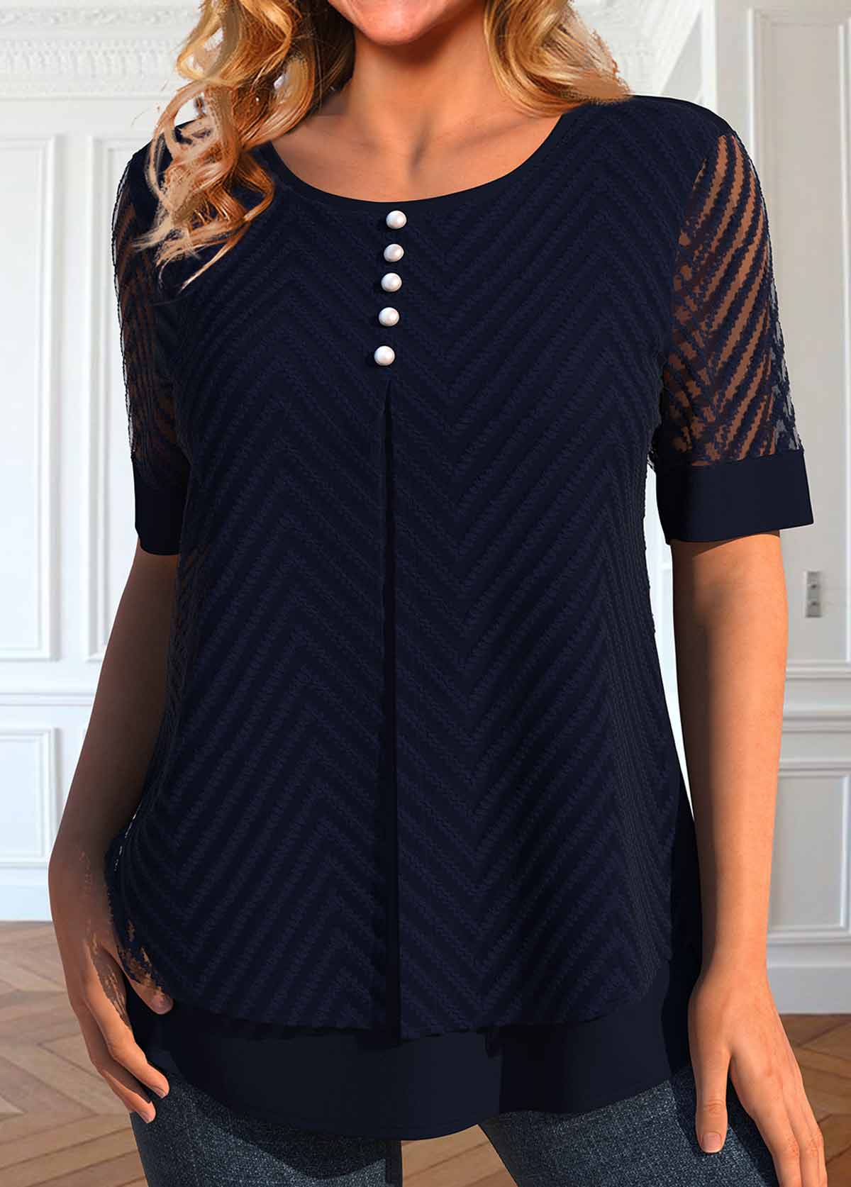 Navy tops,Plain Color tops,ROTITA Fake 2in1 Navy Round Neck Short Sleeve Blouse