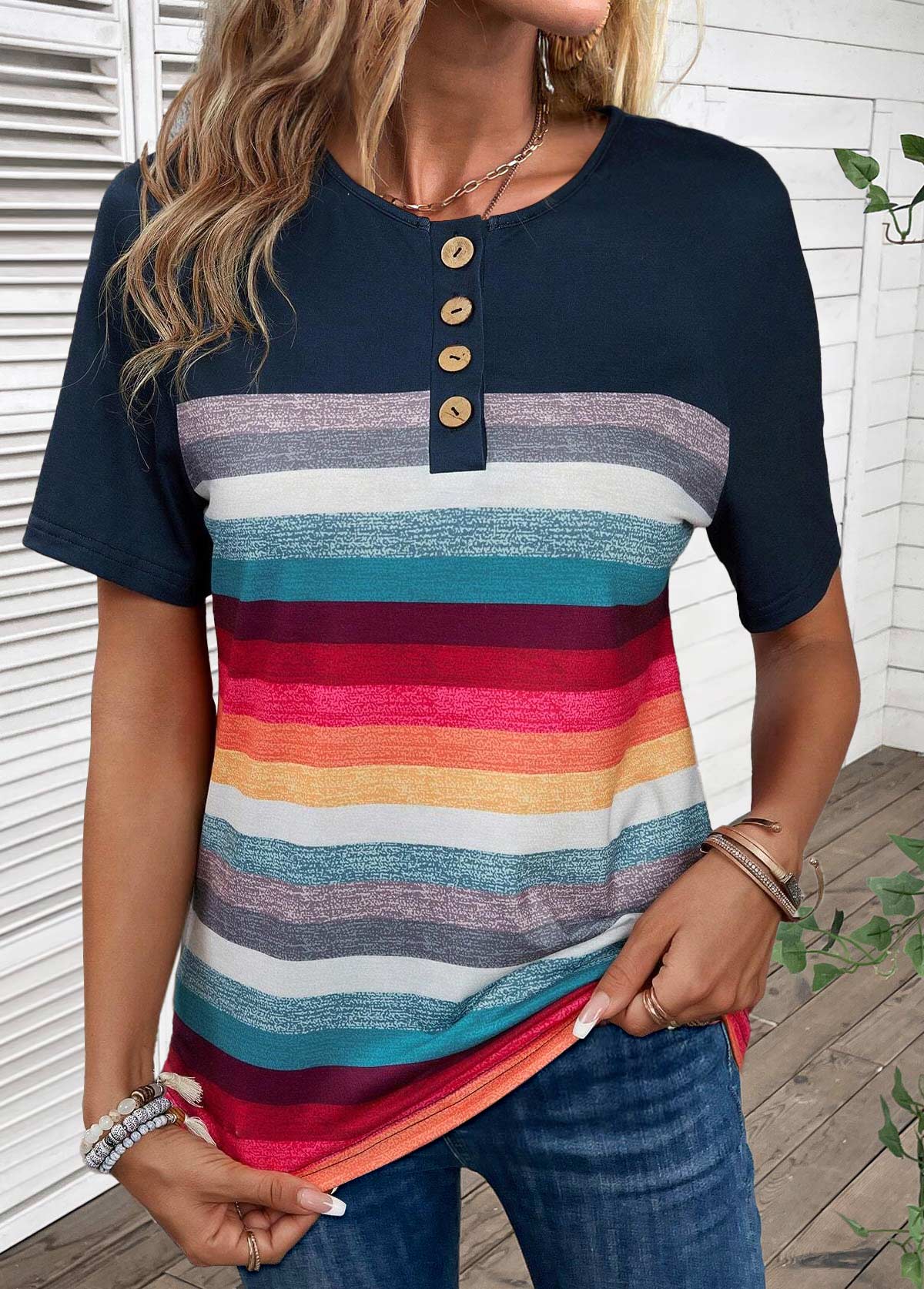 Navy tops,Rainbow Color tops,Striped tops,Geometric tops,ROTITA Button Striped Navy Round Neck T Shirt
