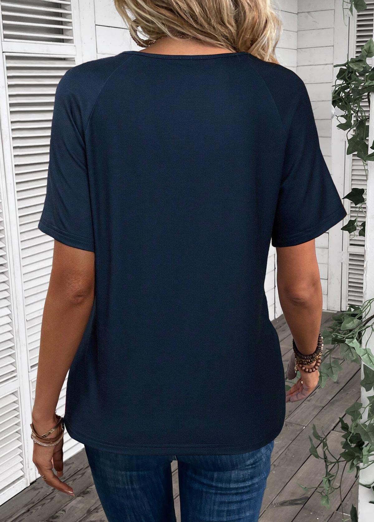Navy tops,Rainbow Color tops,Striped tops,Geometric tops,ROTITA Button Striped Navy Round Neck T Shirt