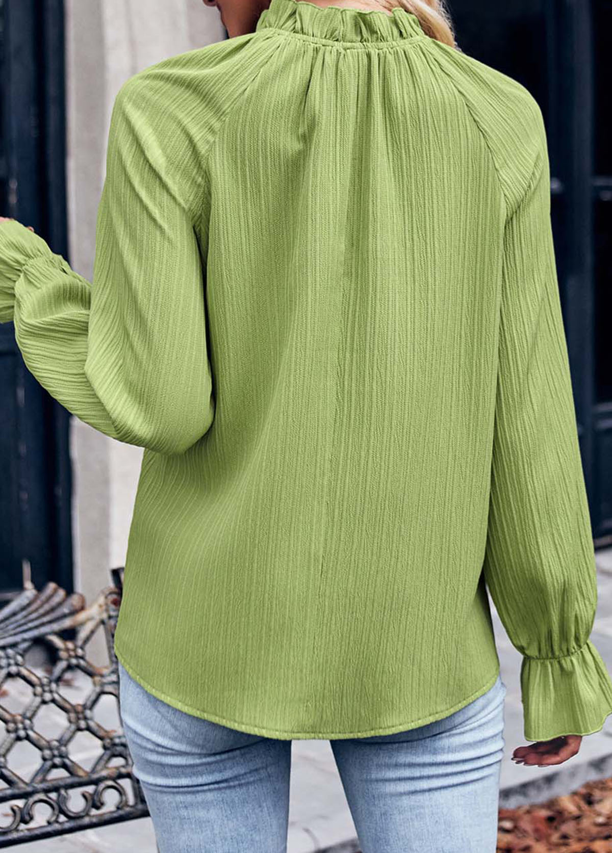 Avocado Green tops,Plain Color tops,Ruched Avocado Green Stand Collar Long Sleeve Blouse