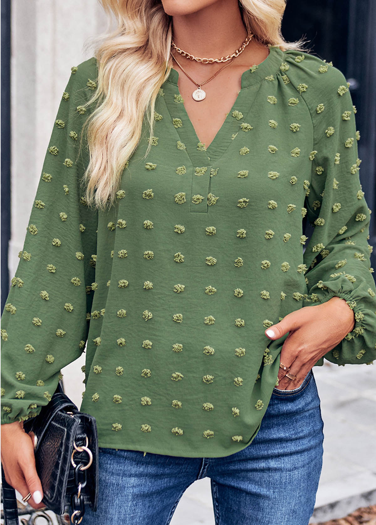 Split Green Long Sleeve Ruched Blouse