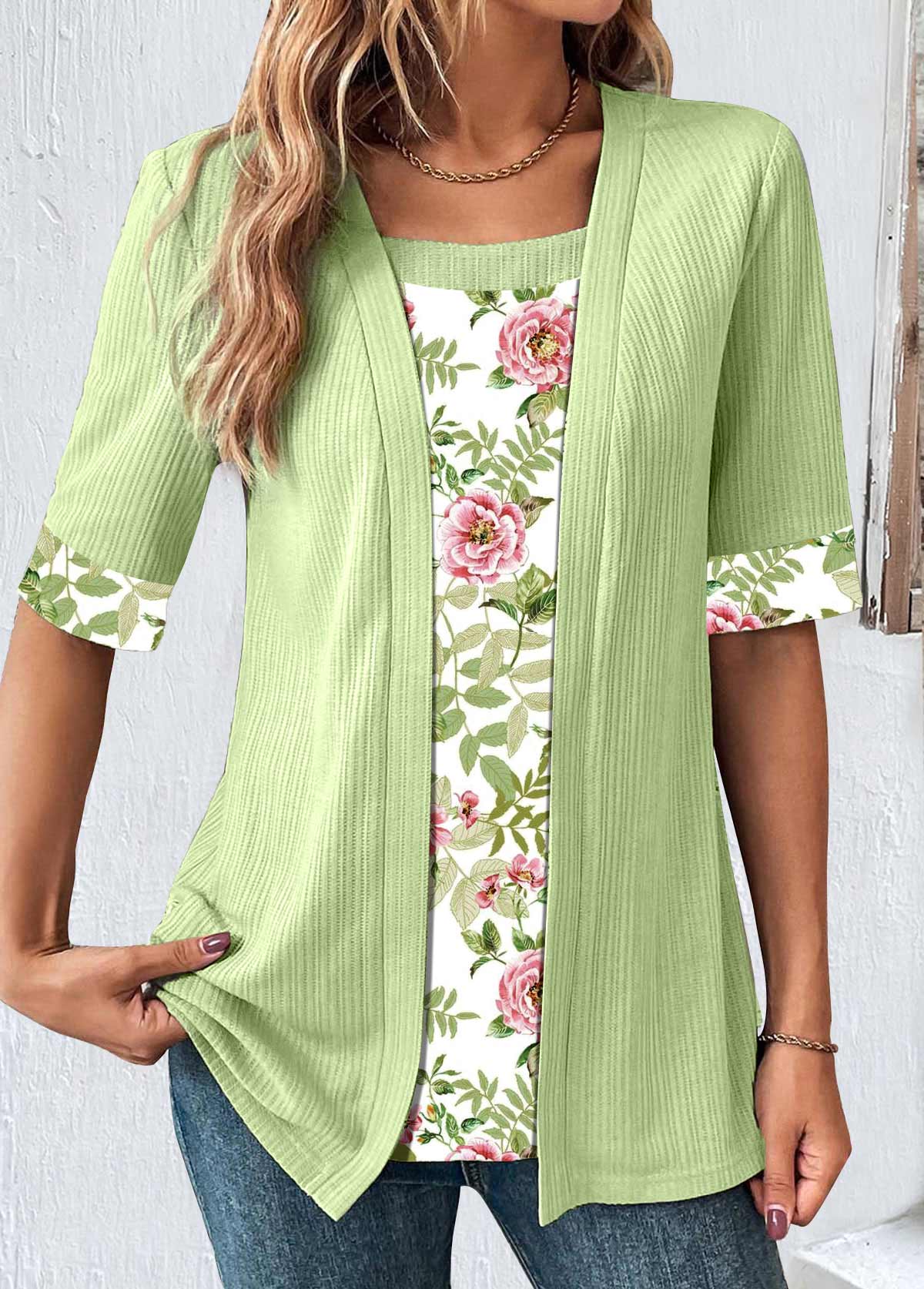 ROTITA Patchwork Floral Print Avocado Green T Shirt