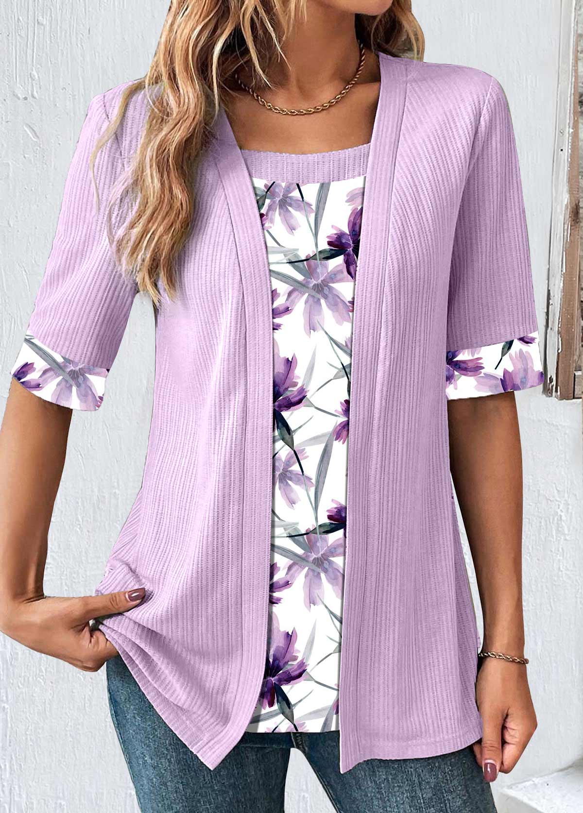 Light Purple tops,Floral tops,Plants tops,ROTITA Plus Size Light Purple Fake Two Piece Twinset